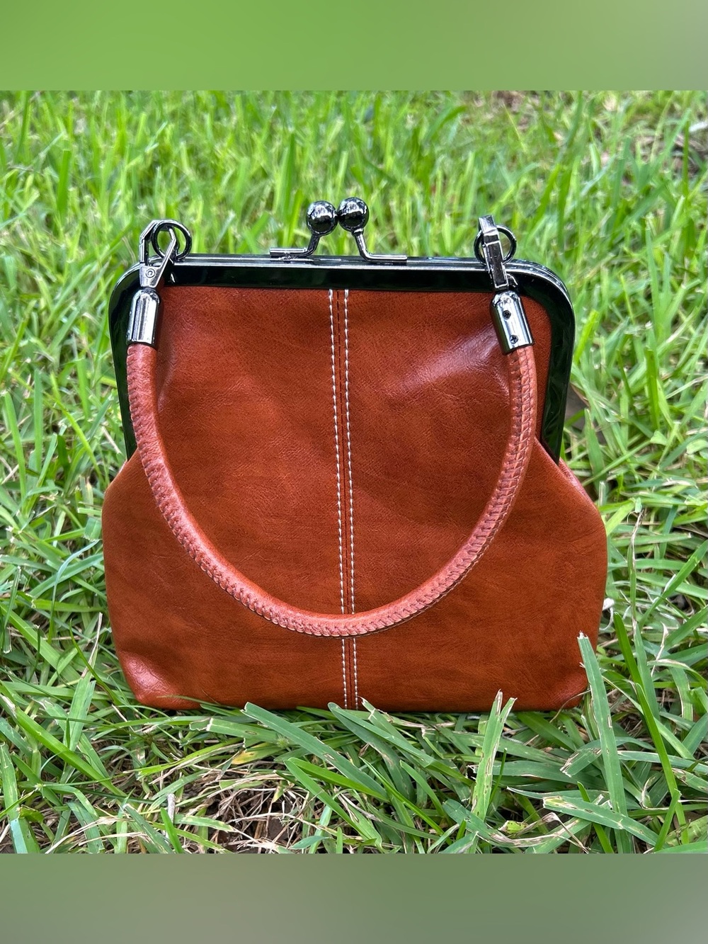 Classic Brown Leather Kiss-Lock Handbag - Women's Bag